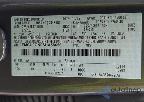 2025 Ford Escape Active из США, поврежденный, VIN 1FMCU9GN0SUA58656